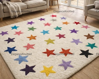 Colorful Star Pattern Rug, Tufted Cream Nursery Carpet, Rainbow Stars Kids Room Decor, Playroom Area Rug, Soft Plush Aesthetic Rug, Custom .