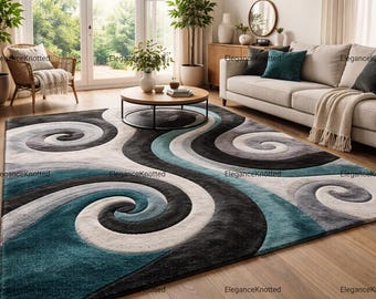 Modern Swirl Abstract Area Rug, Teal and Grey Hand-Tufted 3D Wave Carpet, Large Contemporary Living Room Rug, Luxury Soft Plush Floor Decor.