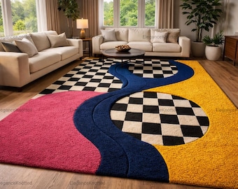 Checkered Abstract Rug, Memphis Design Area Rug, Pink  Blue Yellow Funky Wool Rug, Modern  Hand Tufted Art Carpet, Bold Pop Art Home Decor .