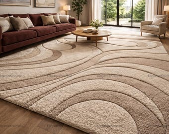 Modern Wavy 3D Textured Rug, Neutral Beige Hand Tufted Wool Area Rug, Minimalist Abstract Zen Carpet, Luxury Living Room Decor, 8x10, 9x12 .