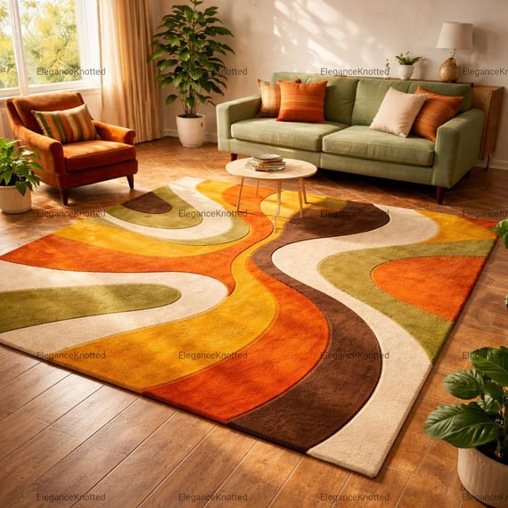 70s Retro Wavy Area Rug, Mid Century Modern Abstract Hand Tufted Carpet, Groovy Orange Green  Brown Rug for Living  Room, Funky Home Decor .