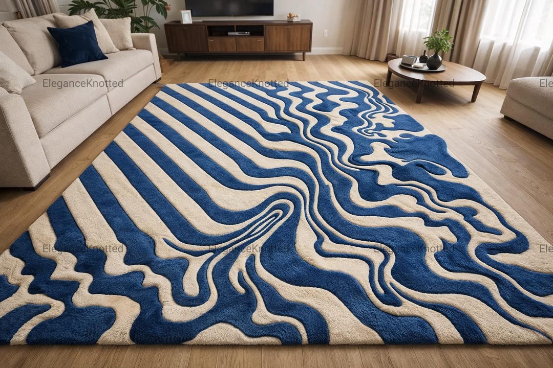 3d Tuffted Rug Blue Wavy 3D Tufted Rug, Abstract Melting Liquid Area Rug, Modern Hand ...