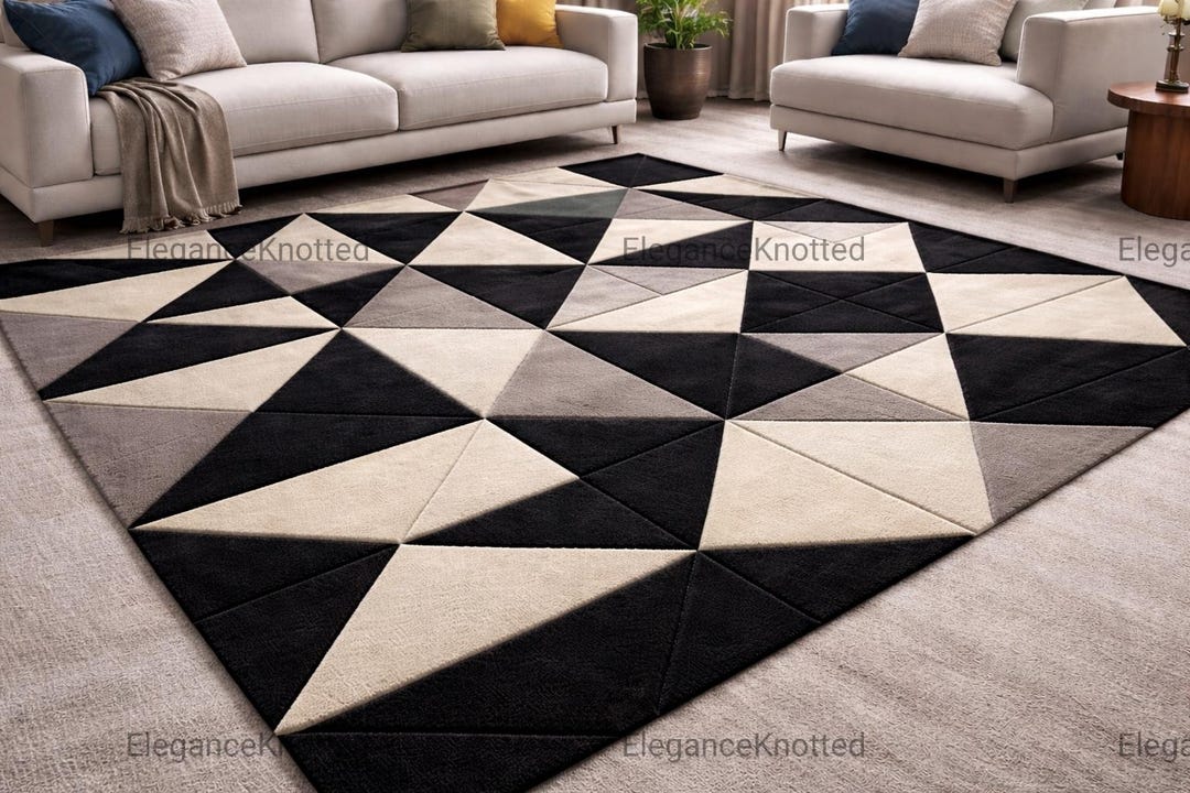 Modern Black and Grey Geometric Area Rug, 3D Hand-carved Triangle ...
