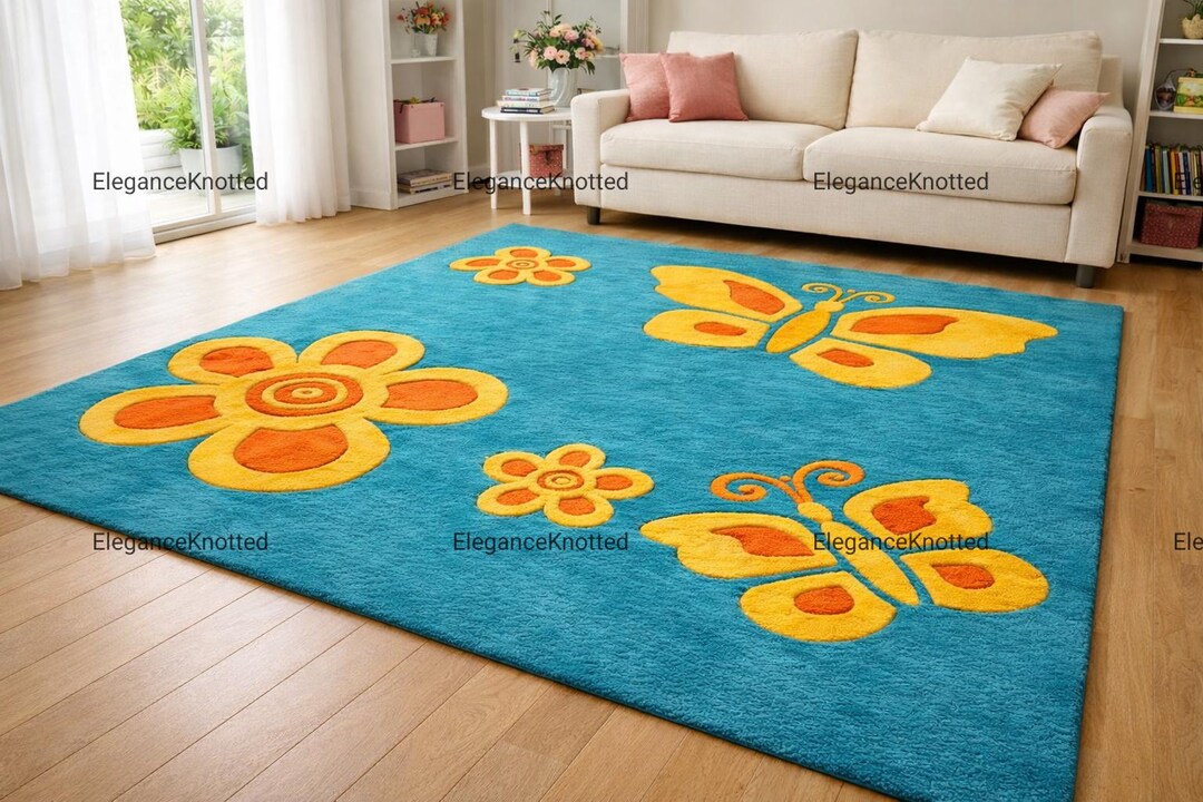 3D Butterfly Nursery Rug, Hand Tufted Flower Area Rug for Kids Room ...