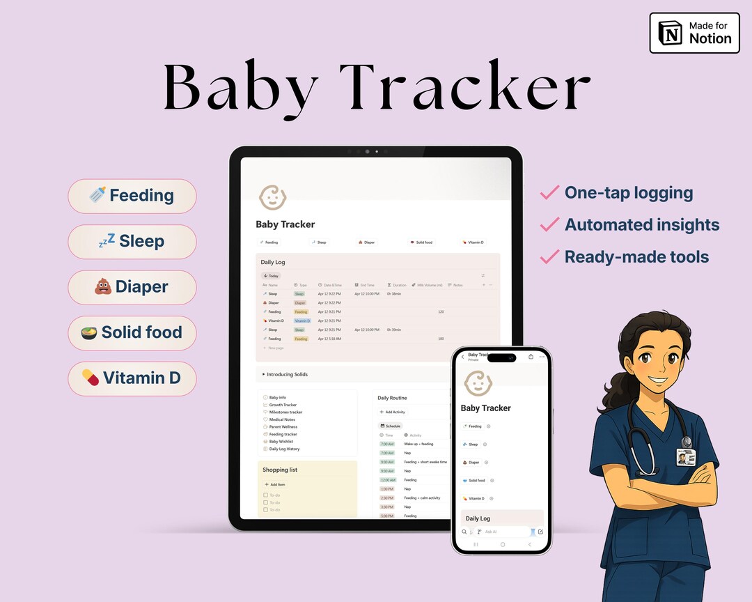 Baby Tracker Notion Template | Newborn Log, Feeding, Sleep, Growth, Wellness Planner for Parents ...