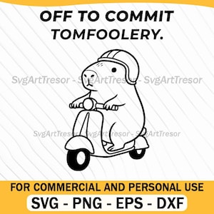 May include: A black and white cartoon of a rodent on a scooter, wearing a helmet. The text above says "OFF TO COMMIT TOMFOOLERY." The image is accompanied by the text "FOR COMMERCIAL AND PERSONAL USE" and file type options.