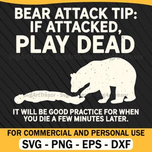 Puede incluir: Gráfico negro y amarillo con el texto "BEAR ATTACK TIP: IF ATTACKED, PLAY DEAD." Se ilustran un oso blanco y una persona. El texto de abajo dice "IT WILL BE GOOD PRACTICE FOR WHEN YOU DIE A FEW MINUTES LATER."