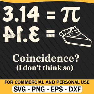 Op de afbeelding: Zwarte achtergrond met witte tekst en afbeeldingen. De tekst luidt "3.14 = π" en "π.ε = pie". Hieronder staat "Toeval? (Ik denk het niet)". De onderste banner zegt "VOOR COMMERCIEEL EN PERSOONLIJK GEBRUIK" en geeft bestandstypen weer.