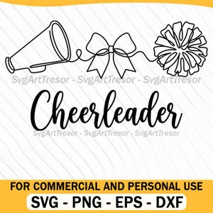 Può includere: Disegno a tratto nero e bianco con un megafono, un fiocco e un pompon, collegati da una linea. La parola "Cheerleader" è scritta in grassetto e corsivo. Il testo in basso recita "FOR COMMERCIAL AND PERSONAL USE" con opzioni di tipo di file.