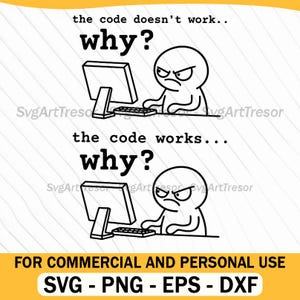 Peut inclure: Graphique noir et blanc avec deux panneaux. Chaque panneau montre un bonhomme allumette devant un ordinateur avec un visage en colère. Le texte dit "le code ne fonctionne pas... pourquoi ?" et "le code fonctionne... pourquoi ?"