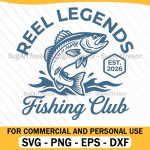 Pode incluir: Design gráfico azul e branco para um clube de pesca. O design apresenta um peixe saltando sobre ondas estilizadas, com as palavras "REEL LEGENDS" arqueadas acima e "Fishing Club" abaixo. Inclui "EST. 2026".