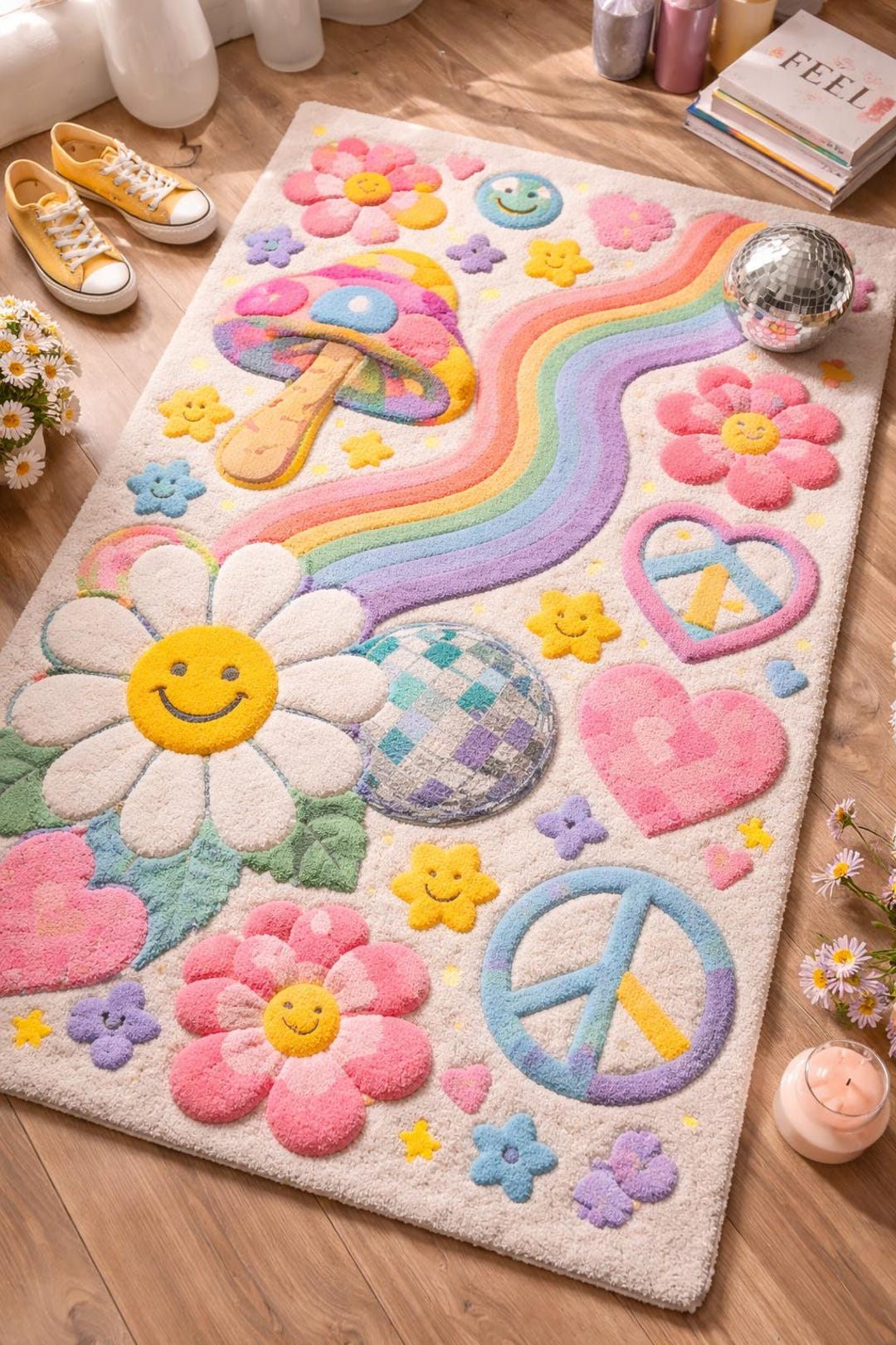Hand Tufted Mushroom Rainbow Floral Rug, Boho Pastel Nursery Carpet - Etsy