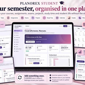 Può includere: Un'interfaccia digitale per studenti intitolata PLANOREX STUDENT che mostra una dashboard con sezioni per corsi, compiti, esami, progetti, tempo di studio, calendario, voti, denaro e carriera, visualizzando il progresso accademico.