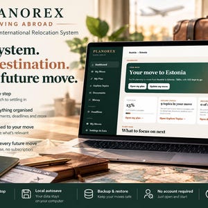 May include: A laptop displaying the Planorex international relocation system dashboard with text reading One system. Any destination. Every future move. The screen shows a move to Estonia, alongside a passport, a notebook, and a pen on a desk.