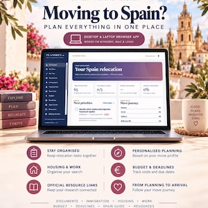 May include: A laptop displaying the Planorex ES Spain Relocation System dashboard, featuring a move journey tracker, task list, and budget overview. The screen shows text including Moving to Spain, Plan Everything in One Place, and various planning categories.