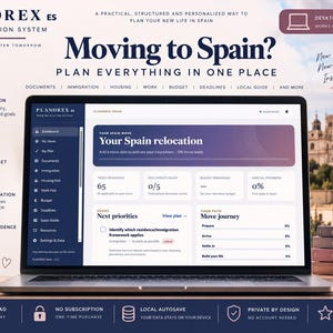 May include: A laptop displaying the Planorex ES Spain relocation system dashboard. The screen shows sections for documents, immigration, housing, work, budget, and deadlines. Beside the laptop are stacked books and a mug with the text Good Plans Brighter Days.
