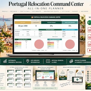 Op de afbeelding: Een digitale Portugal Relocation Command Center alles-in-één planner op een laptopscherm, met een interactief Excel-dashboard voor voortgangsregistratie, taakstatusgrafieken en profielsecties, vergezeld van PDF-handleidingen en videobronnen.