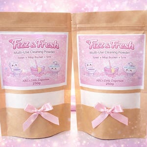 Peut inclure: Deux sachets en papier brun de poudre nettoyante multi-usages "Fizz & Fresh", chacun avec une étiquette et un nœud roses. L'étiquette présente des illustrations de toilettes, d'un seau à vadrouille et d'un évier. Un flacon pulvérisateur rose est en arrière-plan.