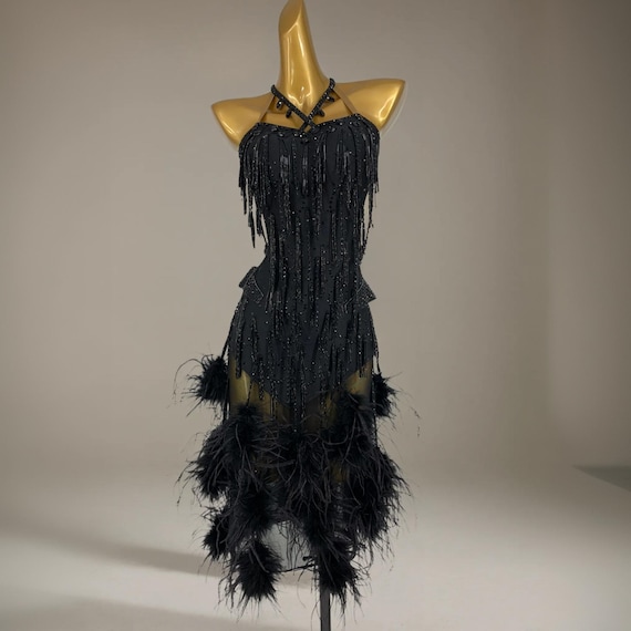 halter dance dress Black Feather Fringe Latin Dress, Beaded Competition Costume, Backless Performance lightweight chiffon formal dress