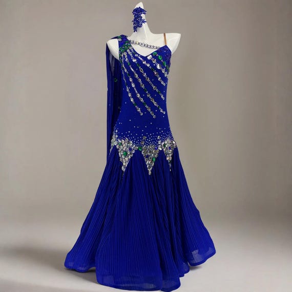Royal Blue One Shoulder Ballroom Dance Dress with Rhinestones, Pleated Skirt – Custom Competition Gown