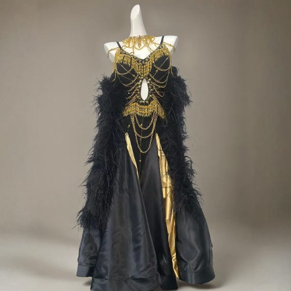 black and gold ballroom dress Dance Competition Dress: Chain Tassel Feather Shawl Costume Size:UK 8 / US 9 / EU 42 has beautiful detailed Swarovski mf:w_clothing_size:IT42 Henry Segal Women's Customizable