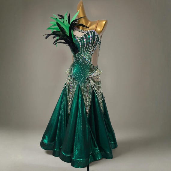 Emerald Green Ballroom Competition Dress: Rhinestone Salsa Waltz Tango Performance Gown