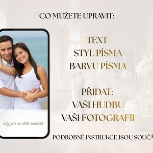 May include: A smartphone displays a photo of a smiling couple on a beach. Text in gold reads "CO MŮŽETE UPRAVIT: TEXT, STYL P&Iacute;SMA, BARVU P&Iacute;SMA, PŘIDAT: VA&Scaron;I HUDBU, VA&Scaron;I FOTOGRAFII, PODROBN&Eacute; INSTRUKCE JSOU SOUČ&Aacute;ST&Iacute;."