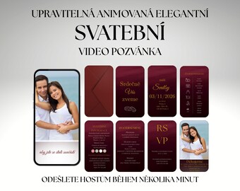 Animovaná Svatební Video Pozvánka Oznámení Vínová Burgundy | Upravitelná Canva Šablona | Odeslání WhatsApp | Elegantní | Okamžité Stažení