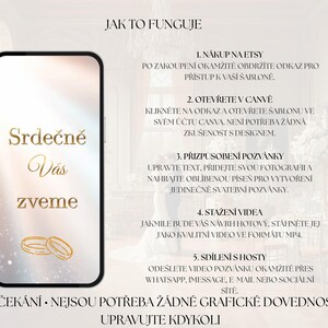 May include: A smartphone screen displays text in gold, including "Srdečn&eacute; V&aacute;s zveme" and instructions for creating a wedding invitation. The image also features two gold wedding rings and the words "Bez ček&aacute;n&iacute;" and "Upravujte kdykoli."