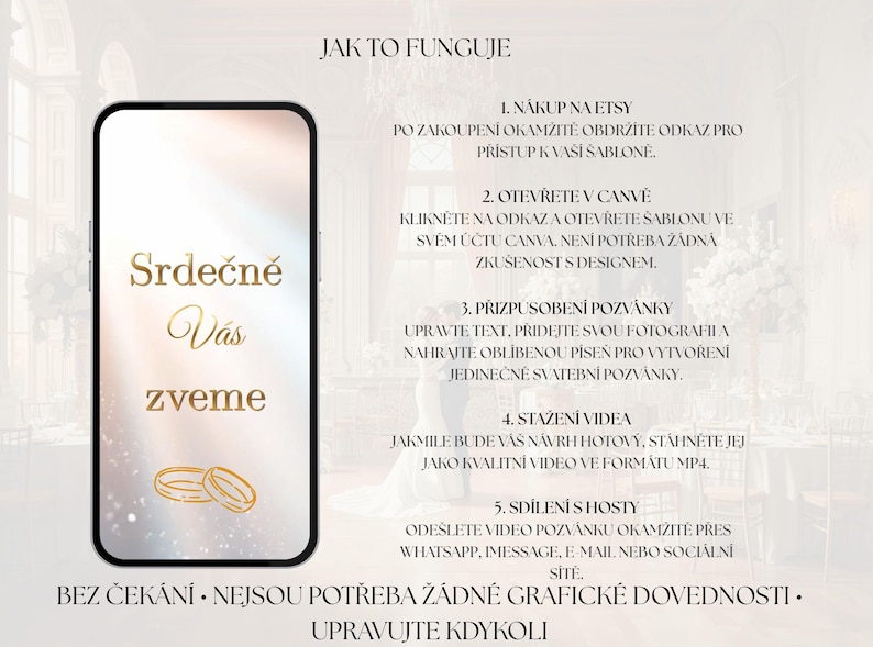 May include: A smartphone screen displays text in gold, including "Srdečn&eacute; V&aacute;s zveme" and instructions for creating a wedding invitation. The image also features two gold wedding rings and the words "Bez ček&aacute;n&iacute;" and "Upravujte kdykoli."