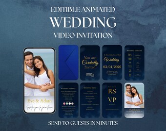 Animated Wedding Video Invitation Navy Blue Gold | Editable Canva Template | Send via WhatsApp Instagram | Elegant | Instant Download