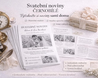 Minimalistické Svatební Noviny Šablona / Černobílé/ 8 stran / Upravitelné v Canvě / Moderní design / Levný tisk/ Česká verze