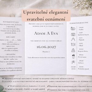 Könnte beinhalten: Elegante Hochzeitseinladung mit minimalistischem Design. Die Einladung zeigt die Namen "Adam & Eva" und das Datum "16.06.2027". Enthält einen Zeitplan der Veranstaltungen und dekorative Elemente.