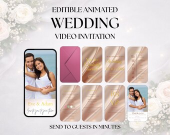Plantilla editable de invitación de boda en vídeo, invitación animada de Canva, invitación de boda digital, invitación telefónica, plantilla de boda moderna y elegante