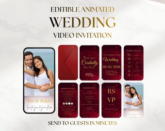 Animated Wedding Video Invitation Template | Editable in Canva | Red Gold | Send to Guests in Minutes
