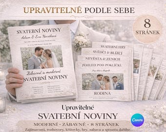 Svatební noviny šablona Canva / Plantilla de periódico de boda checo / Svatební hry a program /Moderní design /Digitální produkt /8 stran zábavy