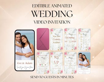 Plantilla editable de invitación de boda en vídeo, invitación de boda animada, invitación de boda digital, invitación para móvil, descarga instantánea en Canva.