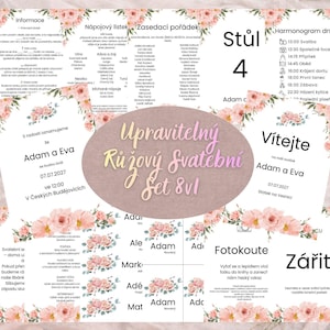 Könnte beinhalten: Ein Hochzeits-Papeterie-Set mit rosa Blumendesign. Das Set enthält Einladungen, Sitzpläne und einen Zeitplan. Der Text enthält die Namen Adam und Eva und das Datum 07.07.2027.