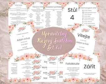 Růžový Svatební Set 8v1 / Šablona v Canvě / Romantické Květiny & Boho Styl / Oznámení, Harmonograma, Menú, Jmenovky/ Česky /Instantní Stažení