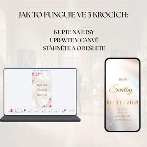 May include: Digital wedding invitation design displayed on a tablet and smartphone. The tablet shows a design with floral accents and the text "You are Cordially Invited." The smartphone displays the text "na&scaron;i Svatby" and the date 03/11/2020.