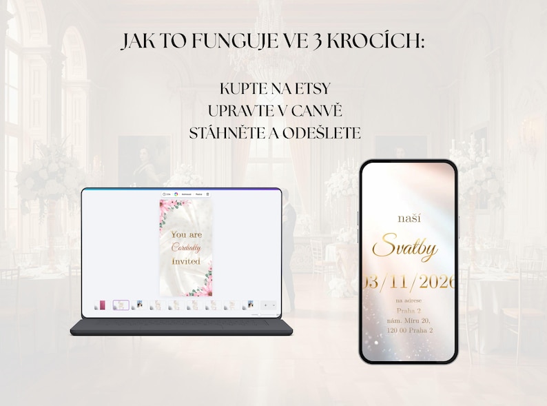 May include: Digital wedding invitation design displayed on a tablet and smartphone. The tablet shows a design with floral accents and the text "You are Cordially Invited." The smartphone displays the text "na&scaron;i Svatby" and the date 03/11/2020.