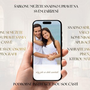 May include: A smartphone displays a photo of a smiling couple. Text in gold lettering on a white background provides instructions on how to edit the template, add a photo, and share it on communication apps. The image is held by a hand.