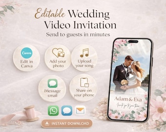Video de invitación de boda editable con música, invitación de boda digital floral rosa para WhatsApp e iMessage, invitación de boda animada en Canva