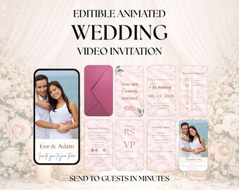 Invitación de boda animada editable / Plantilla moderna minimalista rosa para Canva (Descarga digital)