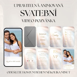 May include: Digital wedding video invitation with a couple's photo, envelope, and various card designs. Text includes "Editable Animated Wedding Video Invitation" and "Send to guests within minutes."