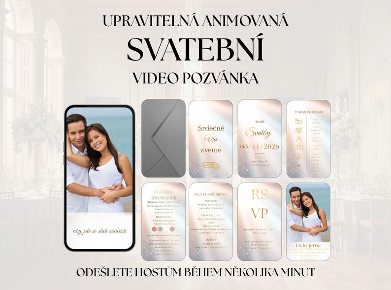 May include: Digital wedding video invitation with a couple's photo, envelope, and various card designs. Text includes "Editable Animated Wedding Video Invitation" and "Send to guests within minutes."