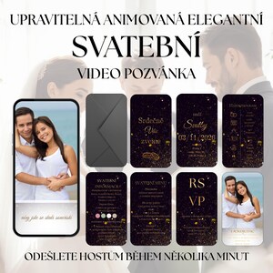 Könnte beinhalten: Ein digitales Hochzeitskarten-Design mit einem Foto eines Paares, einem Umschlag und verschiedenen Kartenlayouts. Das Design enthält goldene Akzente und tschechischen Text, einschließlich der Worte "Video-Hochzeitseinladung".
