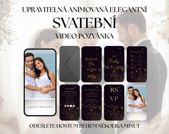 Upravitelná animovaná svatební pozvánka Canva, digitální oznámení o svatbě, elegantní luxusní mobilní oznámení, RSVP, menu, harmonogram