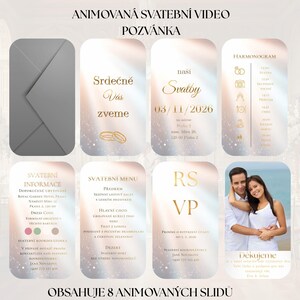 May include: A digital wedding invitation design with eight animated slides. The design includes a gray envelope, invitation details, RSVP information, and a photo of a couple. Text includes "Animated Wedding Video Invitation".