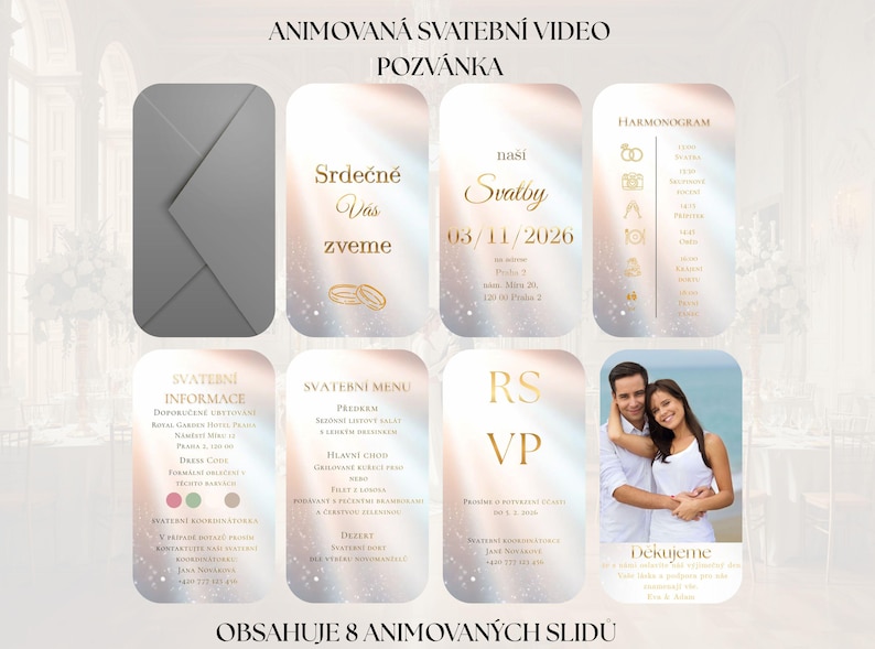 May include: A digital wedding invitation design with eight animated slides. The design includes a gray envelope, invitation details, RSVP information, and a photo of a couple. Text includes "Animated Wedding Video Invitation".